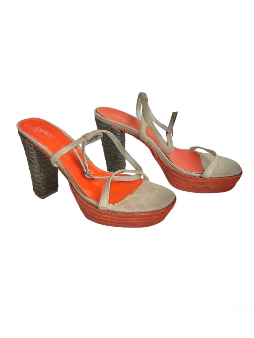 Esprit Strappy Platform Sandals Chuck Heel Espadrille Heels Orange and Beige
